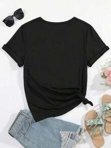 1 pieza de camiseta casual para mujer. Camiseta con estampado gráfico de esqueletos y cuello barco, manga corta, 180g, 100% algodón. Todos los diseños están impresos. Unisexo. - Negro - Ver 2