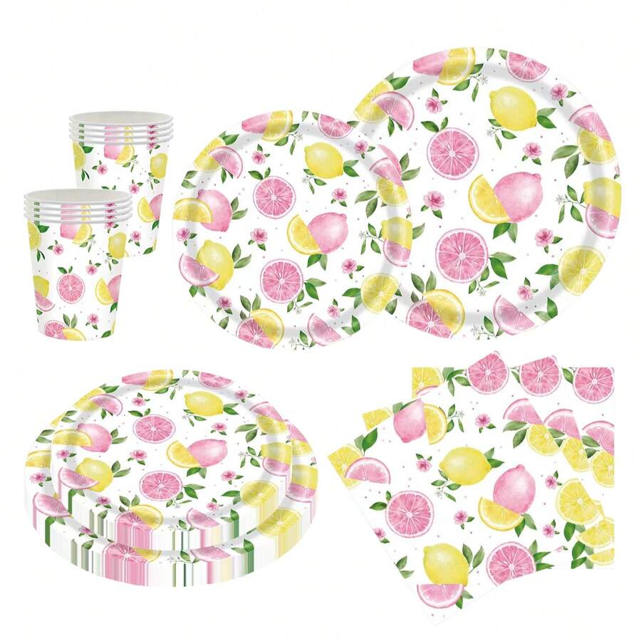 10 Stücke/20 Stücke/50 Stücke/80 Stücke Rosa Zitronen Partyzubehör, Papier Geschirr Set - Zitronen und rosa Grapefruit 7/9 Zoll Papierteller, Pappbecher, 6,5 Zoll Servietten, geeignet zum Bewirten von Gästen, Sommer Zitronen Thema Geschirr, anwendbar für Geburtstag, Brautparty, Junggesellinnenabschied, Babyparty, Themenparty, Feiertag, Veranstaltung - Verschiedenfarbig - Übersicht 1