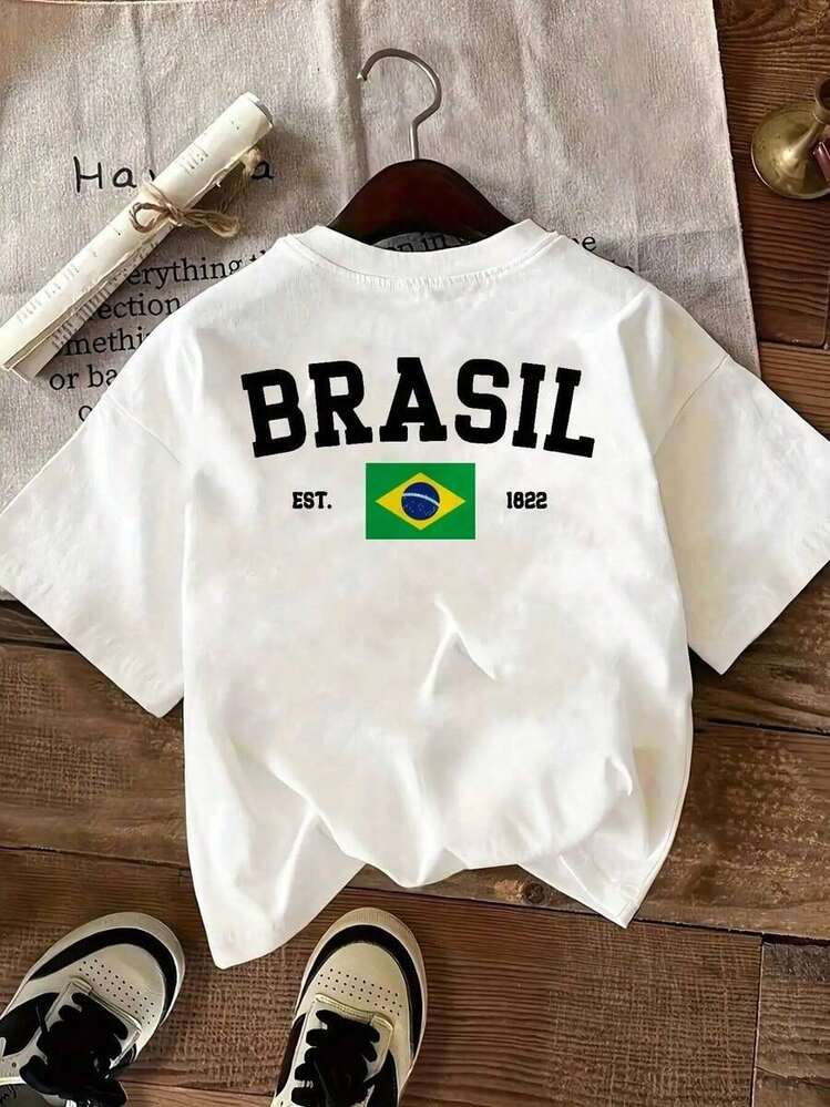 EstiloTrending Clothes Camiseta de Mujer con Estampado "Brasil" - Camiseta Blanca Casual de Cuello Redondo con Bandera Brasileña y Estampado "Establecida en 1822", Manga Corta, Adecuada para Tops Casuales de Verano y Primavera |     Camiseta con Estampado |     Ajuste Cómodo, Camiseta de Mujer Bonita, Ajuste Perfecto - Blanco - Añade 6