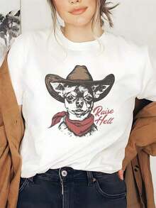 Graphic T-Shirts RAISE Graphic T-Shirt With Chihuahua Puppy Design - Women's Casual Short Sleeve T-Shirt With Cowboy Hat And Bandana Print, Bright Yellow, Regular Fit, Washable, Spring-Summer Fashion, Cotton Summer T-Shirts. - 白色 - 查看 7
