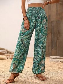 Pantalones jogger con estampado de paisley de cintura fruncido - Multicolor 3 - Ver 5
