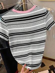 Camiseta de manga corta con cuello redondo y estampado floral diminuto para mujer, de estilo casual de verano - Multicolor 8 - Ver 2