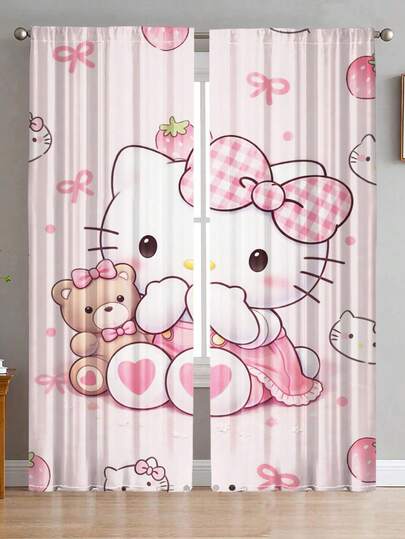 2件装 SANRIO Hello Kitty 可爱印花窗帘 - 高端装饰窗帘，卡通印花，杆式设计，适合所有季节，户外、凉亭、卧室、厨房、办公室、书房、客厅、家居装饰、卧室装饰，每个家庭必备，窗帘，遮阳窗帘。