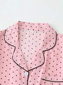 2pcs Mini Polka Dot Print Women's Summer Contrast Trim Collar Button Short Sleeve Top And Bow Shorts Pajama Set Suitable For Home Use - Pink - View 3