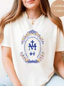 1 Catholic Marian T-Shirt, Catholic Gift, Catholic Marian Religious T-Shirt, Christian Faith Clothing, Floral Religious T-Shirts For Women, T-Shirt With Cross, Cute Summer T-Shirts For Women, Printed Round Neck T-Shirt, Graphic T-Shirts For Women, 180g 100% Cotton, All Designs Are Printed. Unisex. - 白色 005 - 查看 12