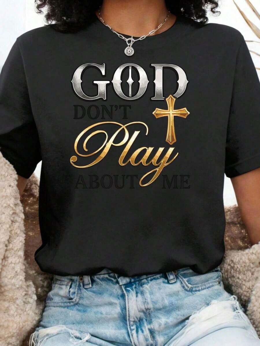 Women's ClassicGod Don't About Me T-Shirt, Oversized, Casual Summer Crew Neck Short Sleeve - Printed Design, Basic Short Sleeve Crew Neck T-Shirt | Sizes S-3XL | Soft And Breathable Fabric For Sports | Vacation Wear - Summer T-Shirt - 黑色 - 查看 1