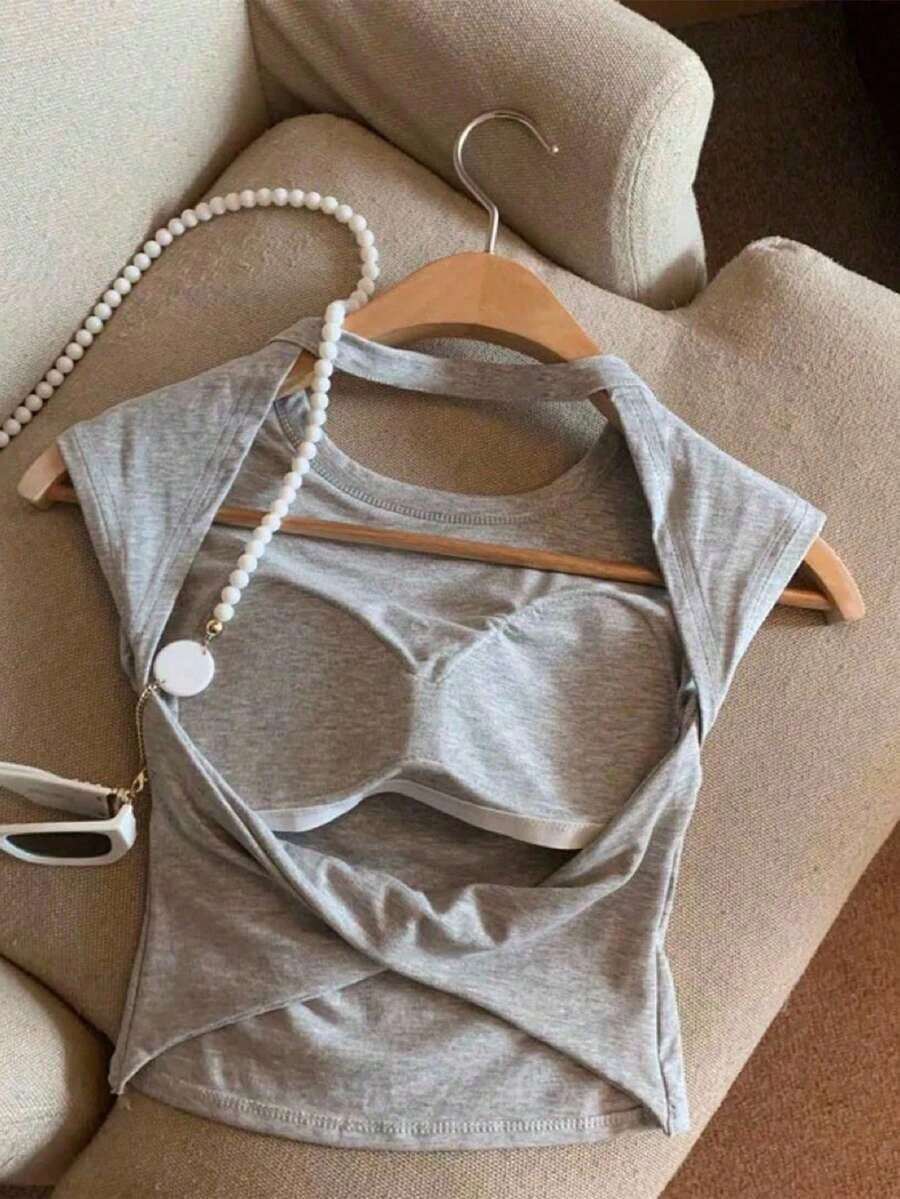 Top ajustado sin espalda de cuello redondo de unicolor para mujer - Gris - Ver 1