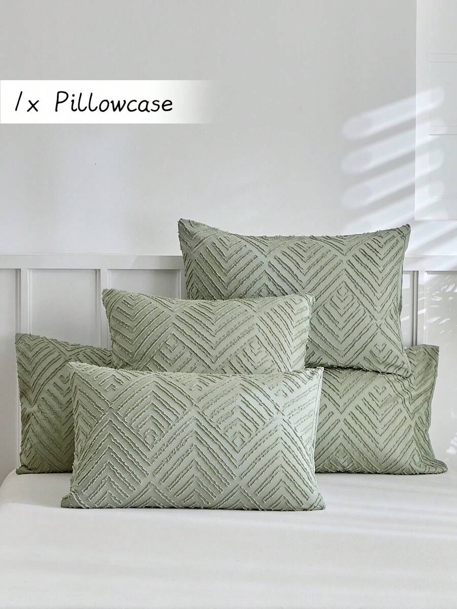 1pc Bohemian Style Green Cutout Diamond Striped Pattern Tufted Pillowcase, Vintage Farmhouse Polyester Decorative Throw Pillow Cover, Suitable For All Seasons, Home Decor Cushion Cover, Machine Washable, Pillow Insert Not Included - Green - View 1