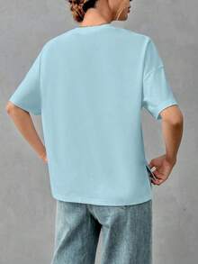 Camiseta holgada de estilo minimalista casual para mujer, con parte delantera corta y parte trasera larga, versátil para usar en la calle, adecuada para primavera y verano - Azul 2 - Ver 2