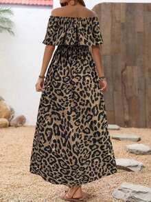 xheBreezaya Vestido informal con estampado de hojas, hombros descubiertos y abertura lateral para vacaciones de veranoxhe - Multicolor 8 - Ver 2