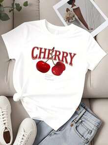 Camiseta de Cuello Redondo para Mujer con Estampado de Cerezas y Texto, Manga Corta para Uso Casual - Blanco - Ver 2
