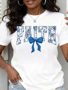 Camiseta de Cuello Redondo para Mujer con Estampado Floral 'Faith' y Lazo Azul, Manga Corta, Ropa Casual para Salidas Diarias y Eventos Religiosos - Blanco - Ver 1