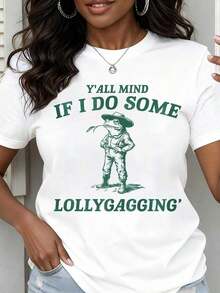 Women's Round Neck T-Shirt With Frog Print With Hat And Cigar And The Phrase "Yall Mind If I Do Some Lollygagging", Short Sleeve, Casual Summer Style. - 白色 - 查看 7