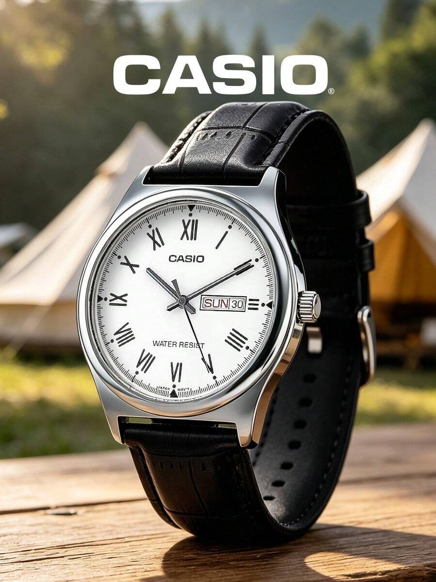 Casio Đồng hồ nam thạch anh kiểu dáng trang trọng, mặt số lớn thanh lịch, dây đeo giả da cá sấu màu đen, chữ số La Mã màu trắng, cửa sổ hiển thị hai ngày, tùy chọn mặt số đen trắng, chiếc đồng hồ cao cấp cổ điển vượt thời gian dành cho chồng và cha. - trắng - Xem 1