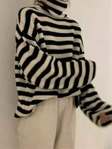 Striped High Neck Knit Pullover Sweater, Loose Slouchy Silhouette, Soft Thick Fabric, Versatile Slimming Youthful Casual Top For Autumn/Winter Fall - Multicolor - View 9