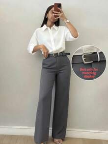 Pantalones casuales de pierna acampanada con diseño minimalista para mujer, adecuados para ir al trabajo, la oficina, uso diario, todo el año, color rosa primaveral - Gris - Ver 4