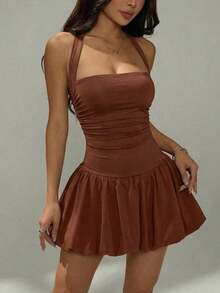 Vestido informal corto de unicolor con cuello de lazo y espalda descubierta para mujer - Marrón - Ver 7