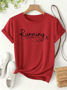 Camiseta de Mujer Estampada "Correr Es Mi Terapia", Camiseta de Moda Primavera/Verano, Deportiva de Manga Corta, Holgada y Adelgazante para Fitness y Uso Diario, Diseño Versátil y Moderno con Lema Divertido, Ropa de Mujer - Rojo - Ver 7