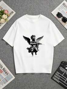 Camiseta blanca, con un llamativo estampado de "Ángel con alas". Perfecto para uso casual o para regalar a seres queridos. Una camiseta de manga corta adecuada para el hogar, el uso diario, fiestas y viajes-ideal como regalo para amigos o familiares. - Blanco - Ver 5