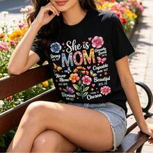 Women's Short Sleeve T-Shirts. Women's Cotton T-Shirt, Round Neck, Floral And Butterfly Print "She Is Mom", Inspirational Christian Design With Bible Verses, Loose And Comfortable For Mother's Day - 黑色 - 查看 2