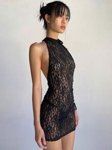 Sensual Halter Dress With Fitted Lace And A Voluminous Effect For Parties - Black - View 3