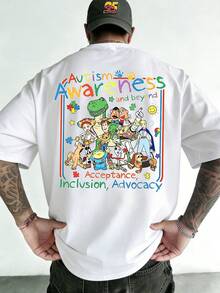 Disney Toy Story Autism-Themed T-Shirt, Toy Story Character Group Cartoon Print, Double-Sided Printed Design, Men's Summer Short-Sleeve Top, High-Quality 100% Cotton Short-Sleeve T-Shirt, Relaxed Summer Breathable Casual Short-Sleeve, Universal For Men And Women, Disneyland Travel Wear, Couple's Wear, Casual Everyday Wear, Street Wear, Vacation Wear, Campus Wear, Toy Story Enthusiast Model - trắng - Xem 3