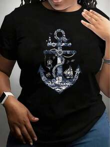 Women's Short-Sleeved T-Shirt, White, With Nautical Anchor, Boat And Compass Print, Summer Casual Wear. - 黑色 - 查看 7