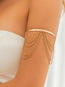 1pc Women's Shell Butterfly Tassel Chain Arm Cuff Bracelet, Minimalist Versatile Street Style Open Bangle - Gold 1 - View 4