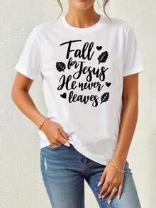 Camiseta con Estampado "Jesus Never Leaves", Manga Corta, Cuello Redondo, Estilo Casual para Verano y Primavera, Ropa de Mujer - Blanco - Ver 1