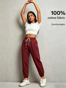 Pantalones de trabajo para mujeres en unicolor con cordón elástico en el puño, adecuados para primavera y verano - Burdeos - Ver 3