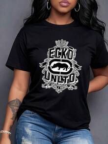 Un escudo ornamentado y majestuoso con una corona. En el centro, un fuerte rinoceronte. La marca ECKO UNLTD y cintas con ACTUAL / FACTUAL reflejan autenticidad y un espíritu indomable único. Camiseta de mujer 220g casual moderna versátil,maija mujer curvy. - Negro - Ver 1