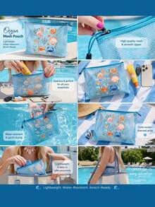Multi Color Waterproof Fashionable Mesh Beach Bag, Colorful "Marine Creatures And Shells" Printed Makeup Bag, Beach Theme. Large Capacity Transparent Makeup Bag - Multicolor - View 3