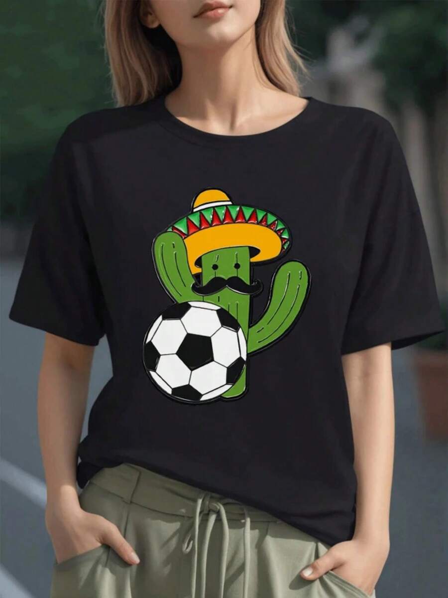 Cactus With A Mexican Hat And Mustache Holding A Soccer Ball Symbolizing Joy And Sportsmanship, Comfortable And Fashionable 100% Cotton Women's T-Shirt - 黑色 - 查看 1