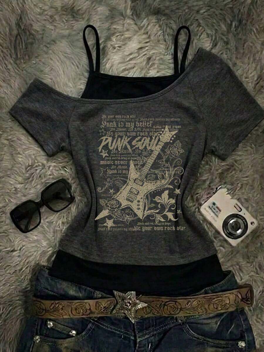Camiseta de manga corta con estampado de gato negro asomándose en contraste de color, estilo casual y retro, adecuada para el verano - Multicolor - Ver 1