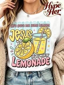 Vintage HypeHer Nueva Camiseta de Verano 2026 para Mujer con Estampado 'Jesus Lemonade', Camiseta Gráfica 'But My Jesus He Be Makin' Lemonade', Estilo Casual Urbano de Playa y Vacaciones, Camiseta Holgada Multifuncional de Cuello Redondo Beige de Manga Corta, Regalos Ideales para Pascua, Ropa de Verano para Mujer. Moda - Blanco 2 - Ver 2