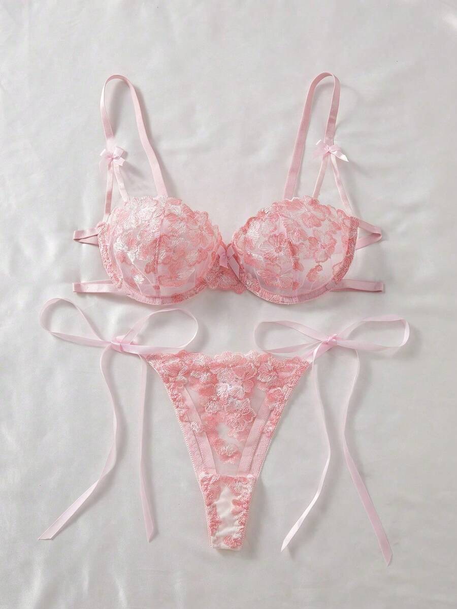 2件組女款粉色花卉刺繡透視網紗綁帶內衣套裝 - 粉色 - 查看 1