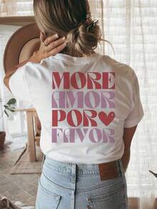 [Double-Sided Print] More Amorpor Favor Heart Letter Print Short-Sleeve Cotton T-Shirt - Unisex Vintage Urban Style, Loose Fit Short-Sleeve Cotton T-Shirt With Round Neck - 白色 - 查看 4