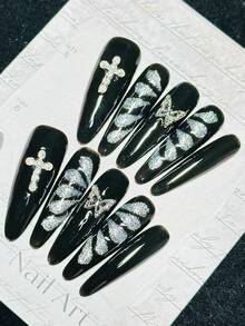 1 gói/10 cái - Móng tay giả kiểu Gothic đen sang trọng hình mắt mèo - Mặt dây chuyền hình thánh giá và đính đá hình bướm, móng giả dài kiểu stiletto, phong cách Y2K Dark Glam Party - Tạo điểm nhấn cá tính - Hoàn hảo cho nhiều dịp. - màu đen - Xem 3