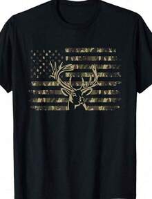 Women's Casual Short-Sleeved Crew Neck T-Shirt With Deer Hunting And American Flag Prints, Made Of Slightly Stretchy Fabric, Suitable For Both Men And Women. - 黑色 - 查看 6