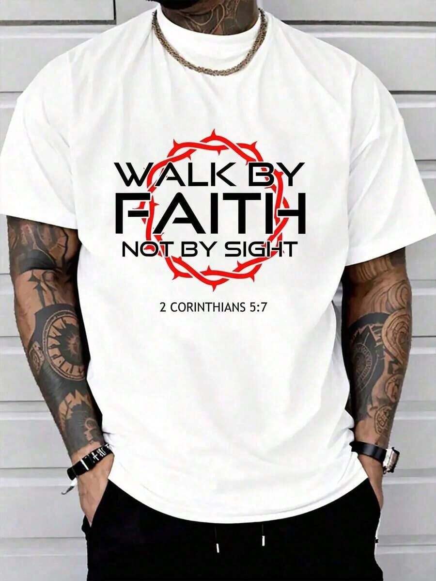 100% Algodón Jesús Camina Por Fe Camiseta Cristiana Cuello Redondo Manga Corta Camiseta Gráfica para Mujeres y Hombres TSFC - Blanco - Ver 1