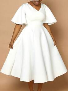 Women's Elegant European And American Style Evening Dress 2026, New Design, V-Neck, Puff Sleeve And Full Hem Skirt - 白色 - 查看 1