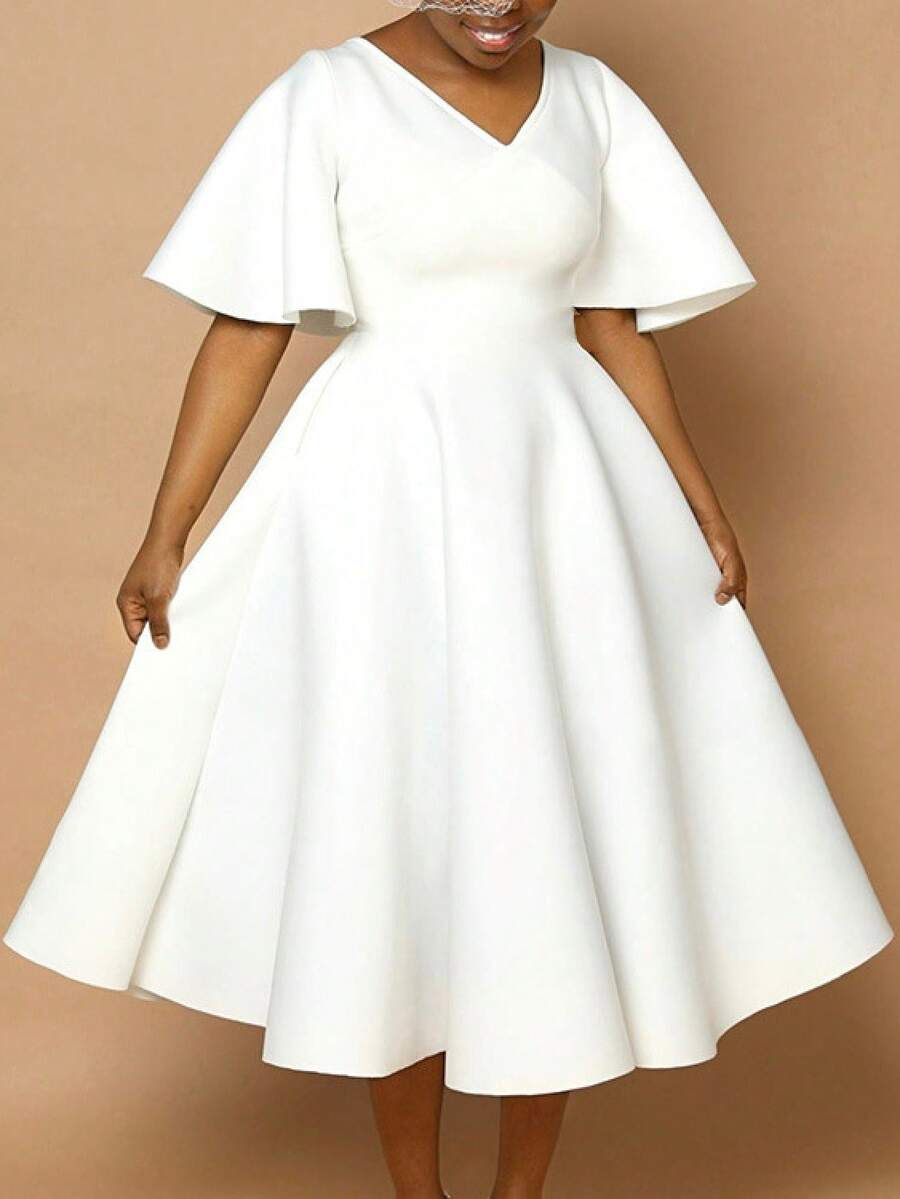 Women's Elegant European And American Style Evening Dress 2026, New Design, V-Neck, Puff Sleeve And Full Hem Skirt - 白色 - 查看 1