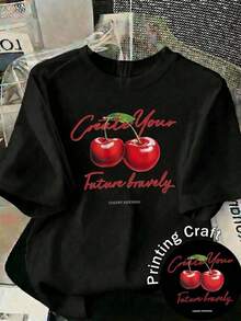 Camiseta casual de mujer con estampado de cerezas blancas, cuello redondo, manga corta y corte regular, perfecta para un uso diario elegante en otoño. - Negro - Ver 9