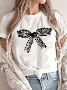 Women's Summer Short Sleeve T-Shirt With Bow Print, Versatile Casual Top For Women, Stylish And Relaxed Clothing, Cute Short Sleeve Blouse For Ladies And - [白色的] - 查看 1