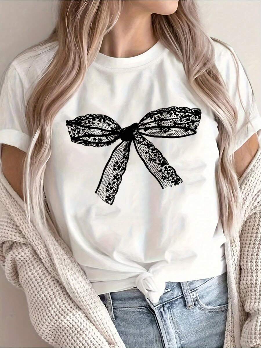 Women's Summer Short Sleeve T-Shirt With Bow Print, Versatile Casual Top For Women, Stylish And Relaxed Clothing, Cute Short Sleeve Blouse For Ladies And - [白色的] - 查看 1