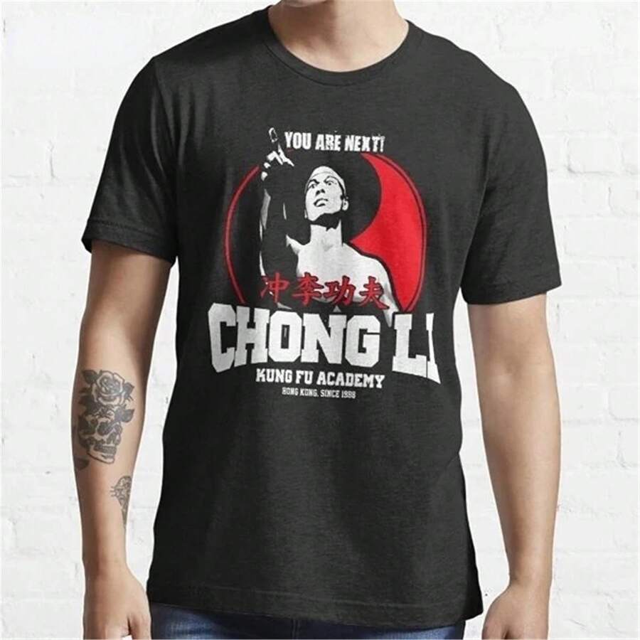 Camiseta negra de manga corta informal de largo regular para hombre de la Academia de Kung Fu Chong Li - Negro - Ver 1