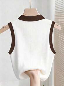 Parte superior sin mangas de contraste de color versátil casual para mujer, top blanco y negro, blusas de verano para mujer, blusas lindas y preppy, top de punto de verano sin mangas, camisa polo de punto para mujer, blusas de punto de verano par - Café integral - Ver 2