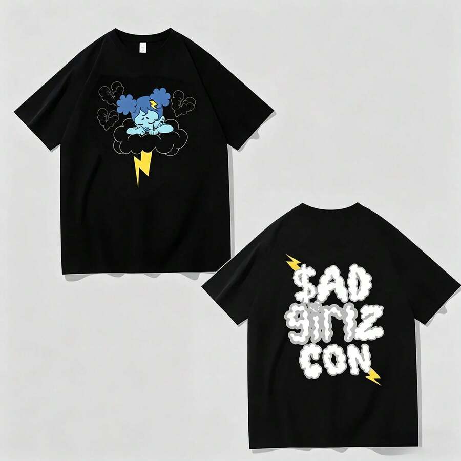 Camisa Negra Tema SAD GIRLZ CON, Estampado de Chica Triste, Estilo Versátil, Unisex, Serigrafía en Playeras, Playera de Algodón de Manga Corta - Negro - Ver 1