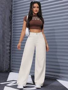 Pantalones de mezclilla casuales de pierna ancha y corte holgado para mujer con bolsillos - Albaricoque - Ver 5