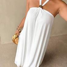 New Summer White Halter Loose A-Line Dress, Suitable For Beach, Party, Wedding, Valentine's Day, Cocktail, Sexy, Commute, Elegant Romantic, Birthday Party, Music Festival, White Dress With Metal Buckle/White Dress For Prom/Wedding Season/Valentine's Day/Party/Sexy/Commuting/Elegant And Romantic/Birthday Party/Music Festival/ - Blanco - Ver 7
